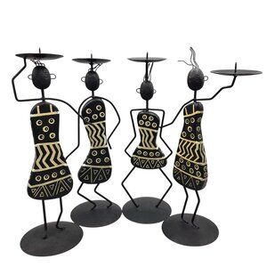 African Inspired Candle Holder Figurines Metal Wood Painted Tribal Home Decor